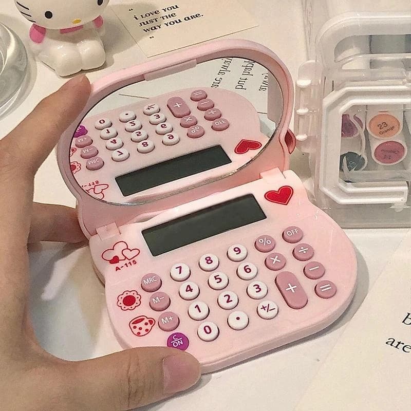 Kawaii 2 Em 1 Calculadora Dobrável Com Espelho Portátil Para Meninas Presentes De Energia Solar Escola E Escritório