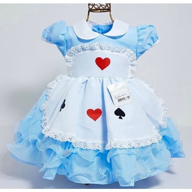 Vestido infantil de festa Alice no país das maravilhas temático azul 1 ano 2 e 3