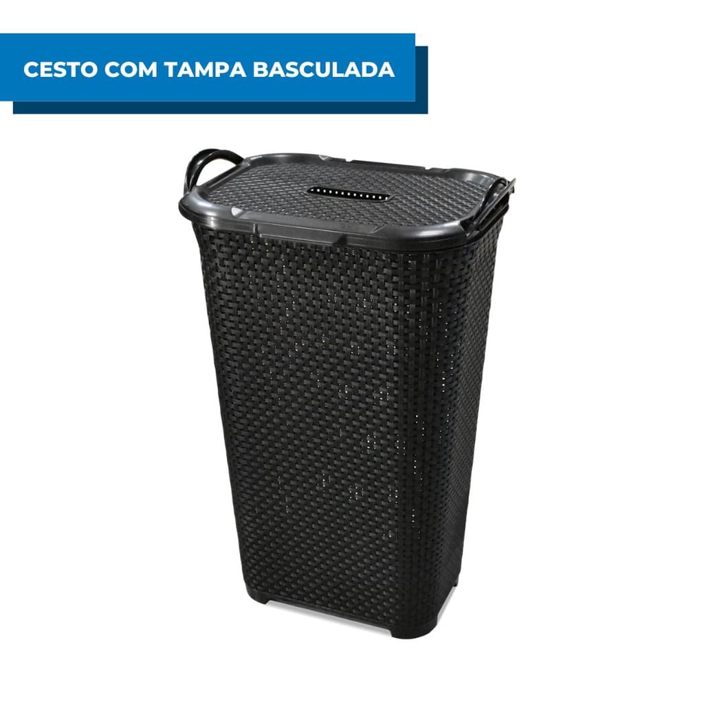 Cesto Para Roupas Organizador Com Tampa Preto 50 Litros Arqplast Roupa Suja Lavanderia Casa Multiuso