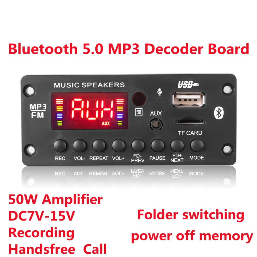 2 * 25W 50W Amplificador DC 7-15V MP3 Decodificador Placa Bluetooth 5.0 12V Carro MP3 Player USB FM Suporte De Gravação