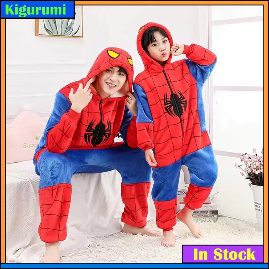 Unissex Kigurumi Homem-Aranha Costura Pikachu Flanela De Desenho Animado Pijamas Mulheres Homens Capuz Roupa De Dormir