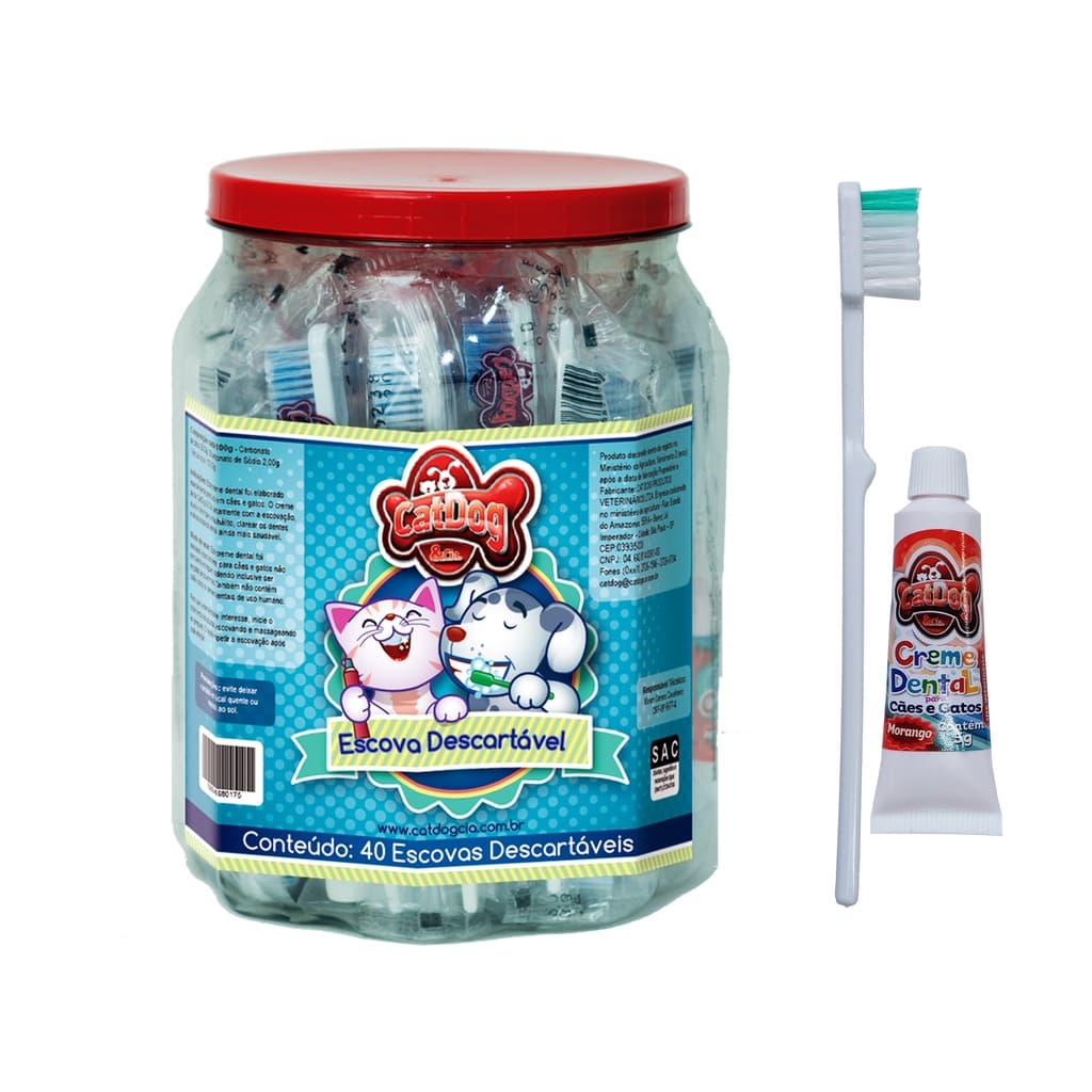 Pote Escova Descartável + Creme Dental P/pet Cat Dog - 40un
