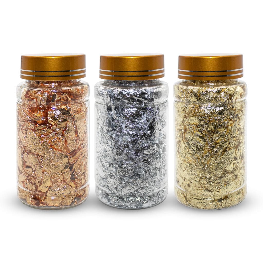 Kit 3 Potes Grandes Folhas de Ouro Dourado Prata Bronze Decoração Unha Nail Enfeite Art Arte Sedução