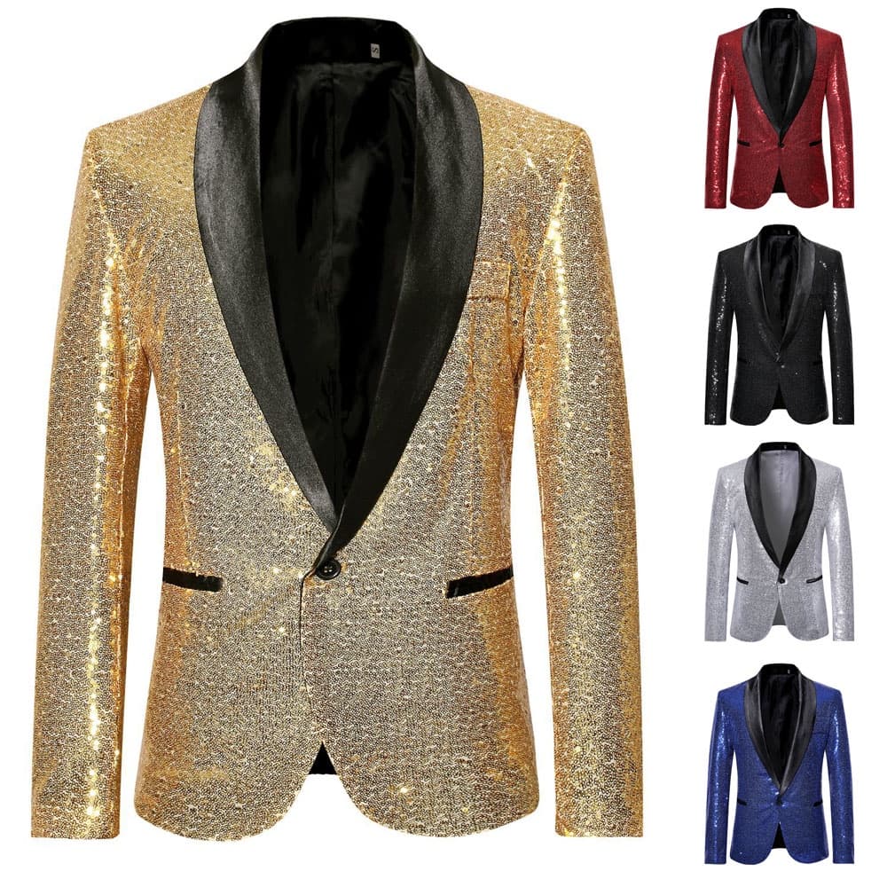 Blazer Social Masculina Paetê Lantejoulas Brilho Casaco Manga Longa Slim Fit Luxo Casamento Banquete Dançar