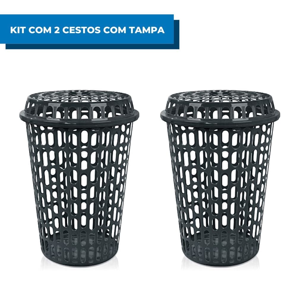 Kit Com 2 Cestos De Roupas Sujas Multiuso Telado Com Tampa 60 Litros Preto Arqplast Organizador