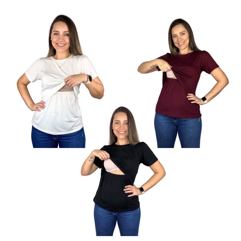 Kit 3 Blusa Amamentação Diversas Cores Viscolycra Premium Camiseta Manga Curta Gestante Grávida