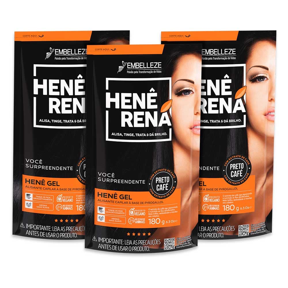 KIT 3 RENA HENE GEL PRETO CAFÉ 180G