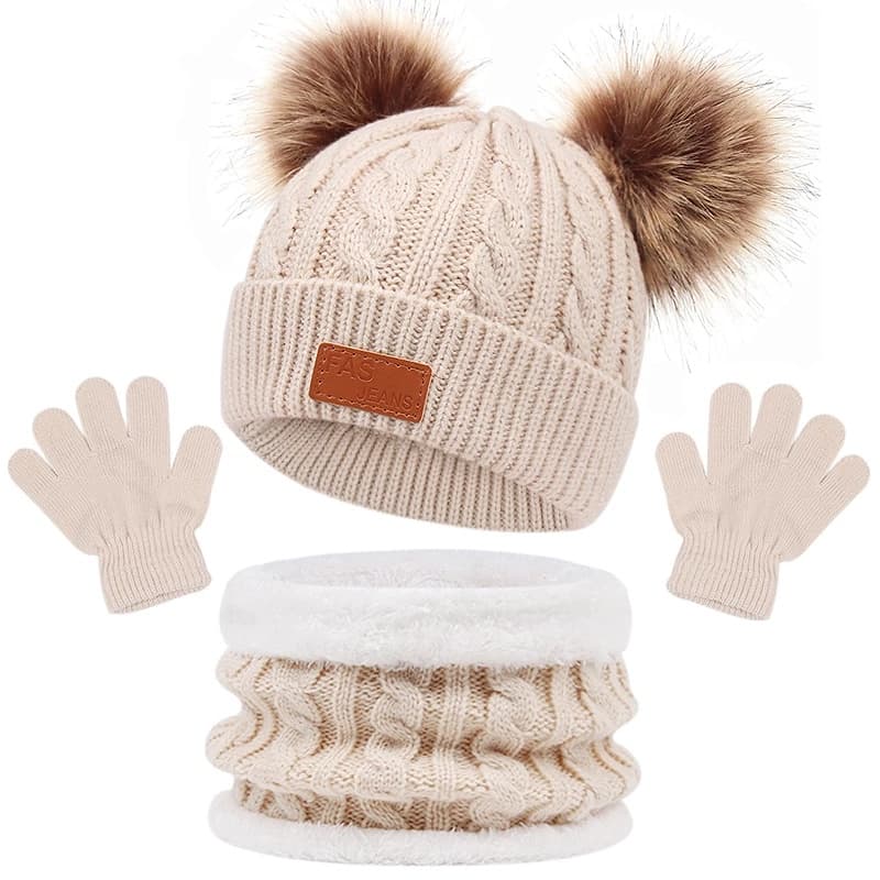 Chapéu De Inverno Bebê Pompom Infantil De Malha Boné Quente Luvas De Lenço Para Menino Casual Cor Sólida