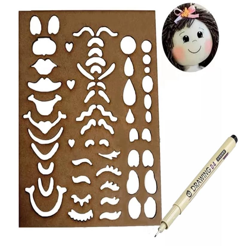 Regua Stencil Rosto De Boneca 50 Modelos e caneta permanente