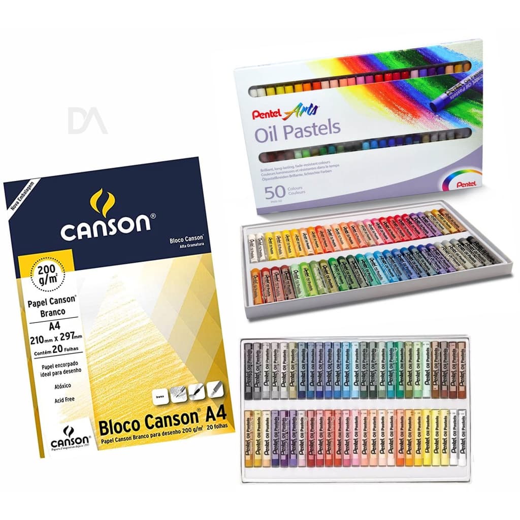 Kit Completo Giz Pastel Oleoso Pentel Bloco papel 50 cores