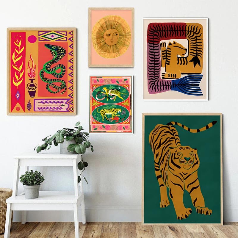 Pintura De Tela Abstrata Pôster Colorido Tiger Leopard Jungle Tropical Wall Street Impressão Parede Decoração De Sala De Estar