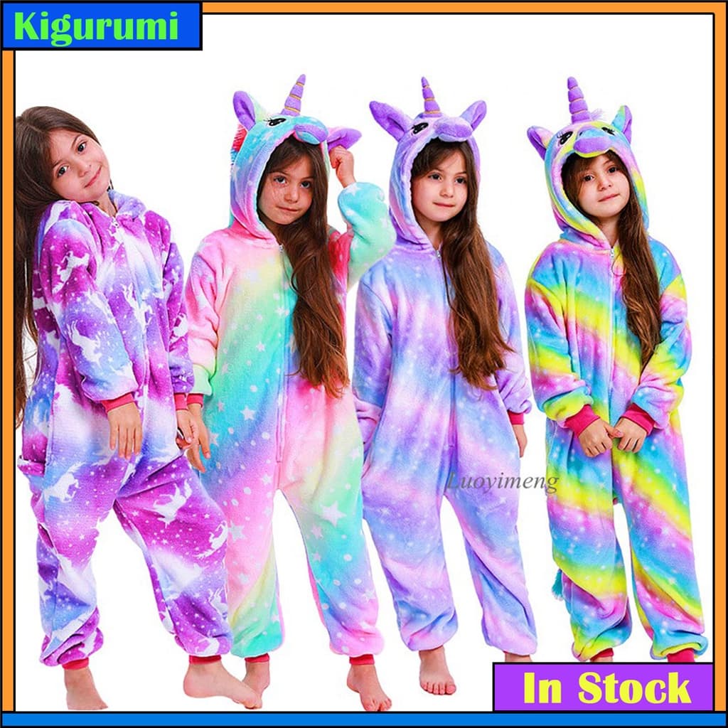 Unicórnio Kigurumi Para Crianças Pijamas Baby Girls Boys Sleepwear Anime Cosplay Traje De Inverno Flanela Jumpsuit