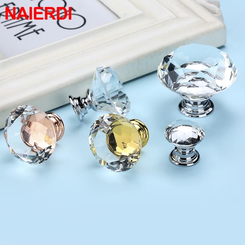 NAIERDI Base Dourada Design Em Forma De Diamante Puxadores De Vidro Cristal Gaveta Armário De Cozinha Móveis