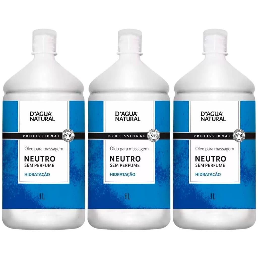 Kit 3 Potes Óleo para Massagem Corporal Dagua Natural Neutro 1L Sem Perfume Hidratação