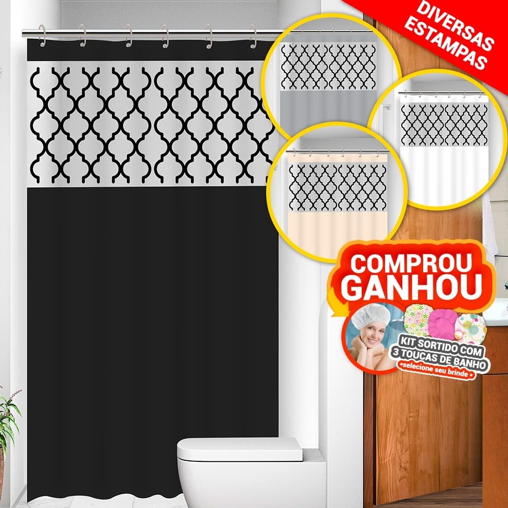 Cortina de Box Para Banheiro Com Visor Marrocos Resistente Com Ganchos Anti Mofo - Várias Cores