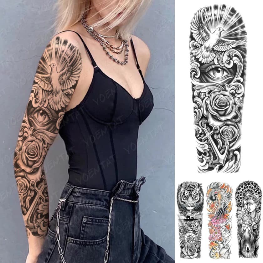 Manga De Braço Grande E Completa À Prova D'água Tatuagem Temporária Autocolante De Paz Dove Rose Eye Cross Anchor Body Art Fake Tatto Mulher Homem Tato Personalizar