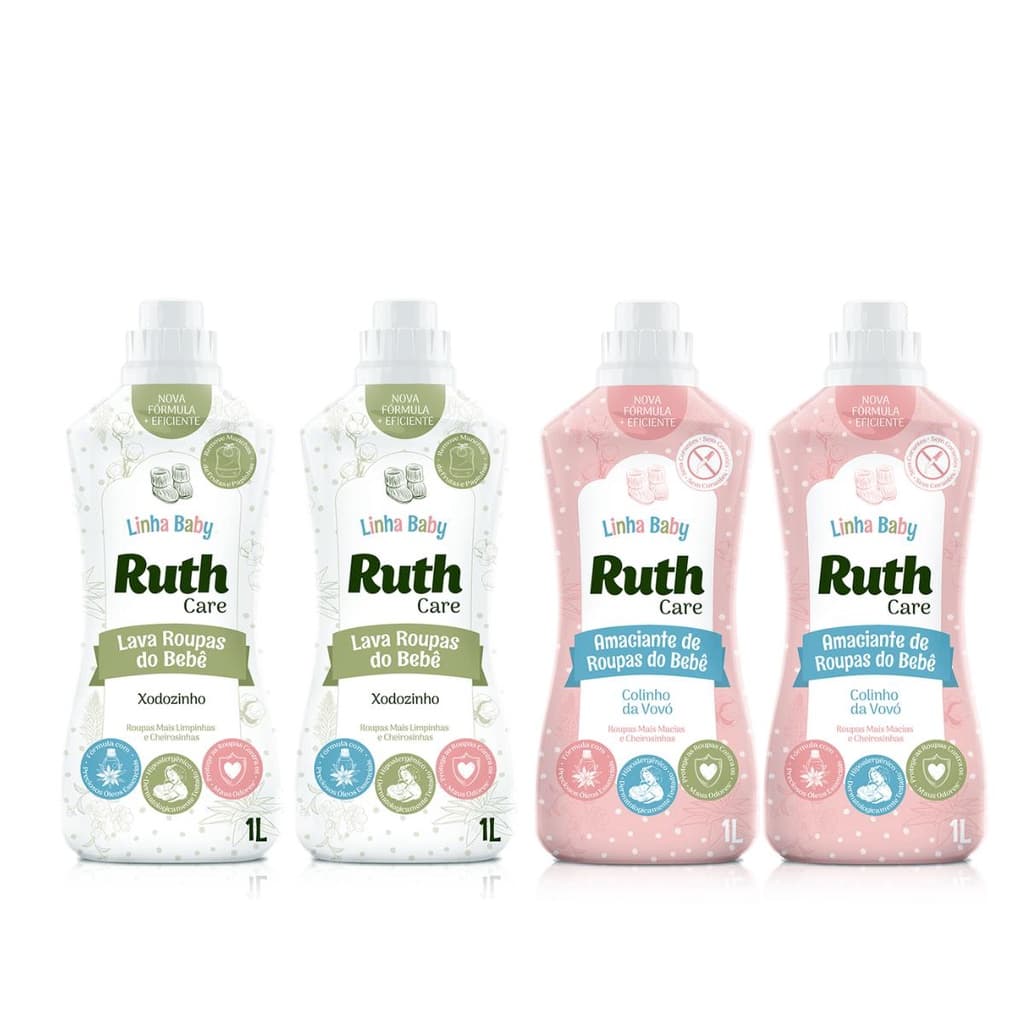 Kit 2L Lava Roupas Líquido Ruth Care Baby Xodozinho + 2L Amaciante Diluído Baby Care Colinho da vovó Ruth