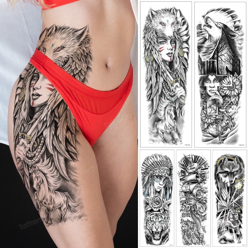 Lobo Leão Totem Tatuagem Temporária Adesivos Grande Braço Cheio Manga Perna Sexy Pintura Corporal Tatuagens À Prova Dwat