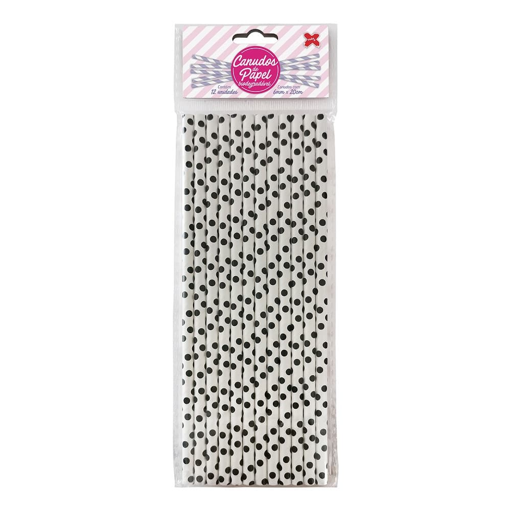 Canudo de Papel Branco com Poá Preto 6mmx200mm - 4348 - 12 unidades