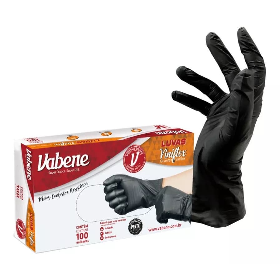 Luvas Descartável Viniflex Vabene Preto e Transparente Cx C/ 100 P, M, G
