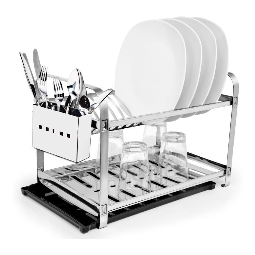 Escorredor Inox 16 Pratos Porta Talher Inox Bandeja Coletora Preta