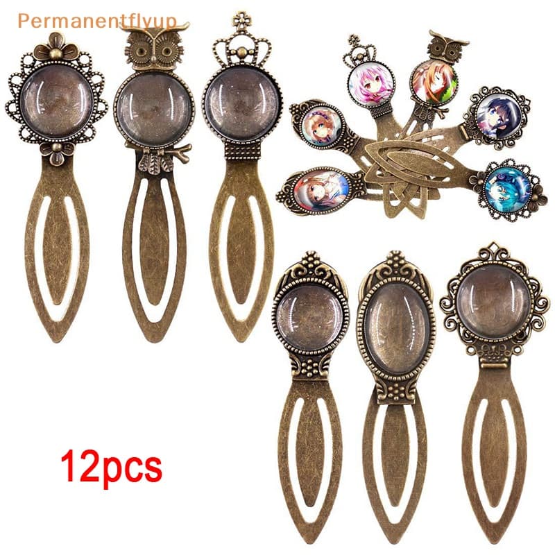 Permanentflyup 12Pcs 6 Estilos Marcador De Bronze Antigo Bookmark Bandeja De Vidro Cabochon Artesanato De DIY