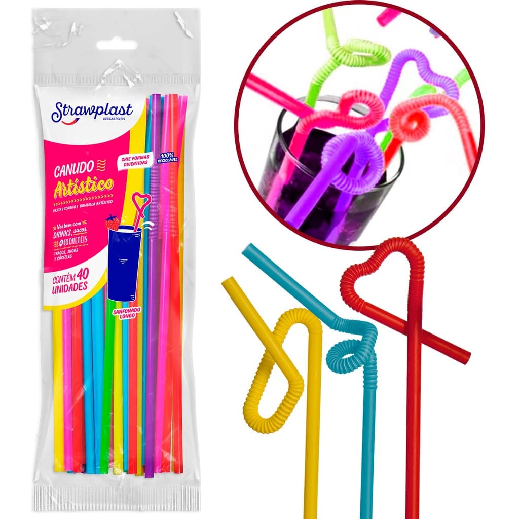 Canudo Decorativo Artístico Flexível Pacote com 40 Unidades Enfeite Drink Strawplast