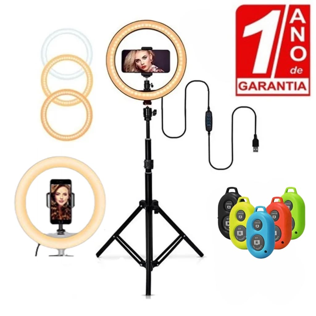 Kit Youtuber Podcast Ring Light  26cm 10" Profissional + Controle Bluetooth Tripé Pedestal  e Suporte Celular