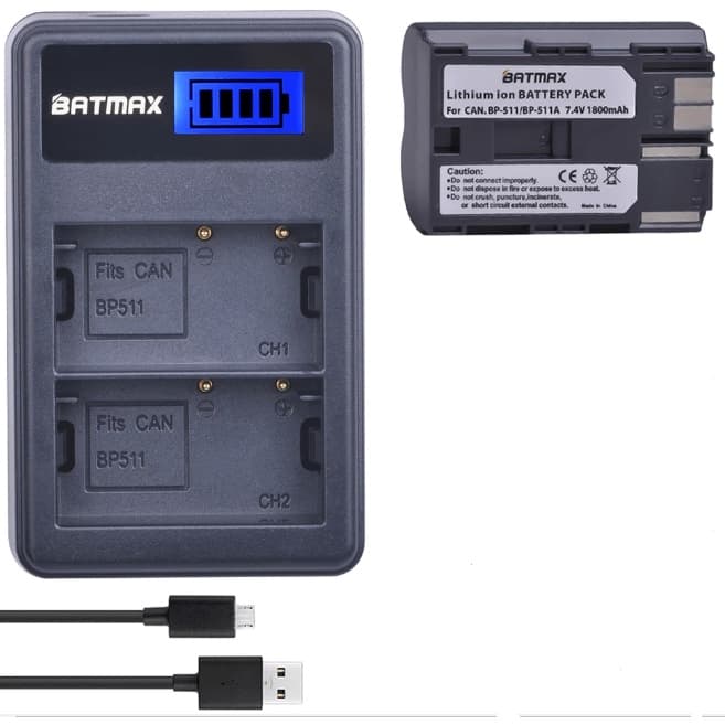 Kit 1x Bateria BP511A 2500mAh + 1x Carregador Duplo com LCD para CANON modelos BP511A