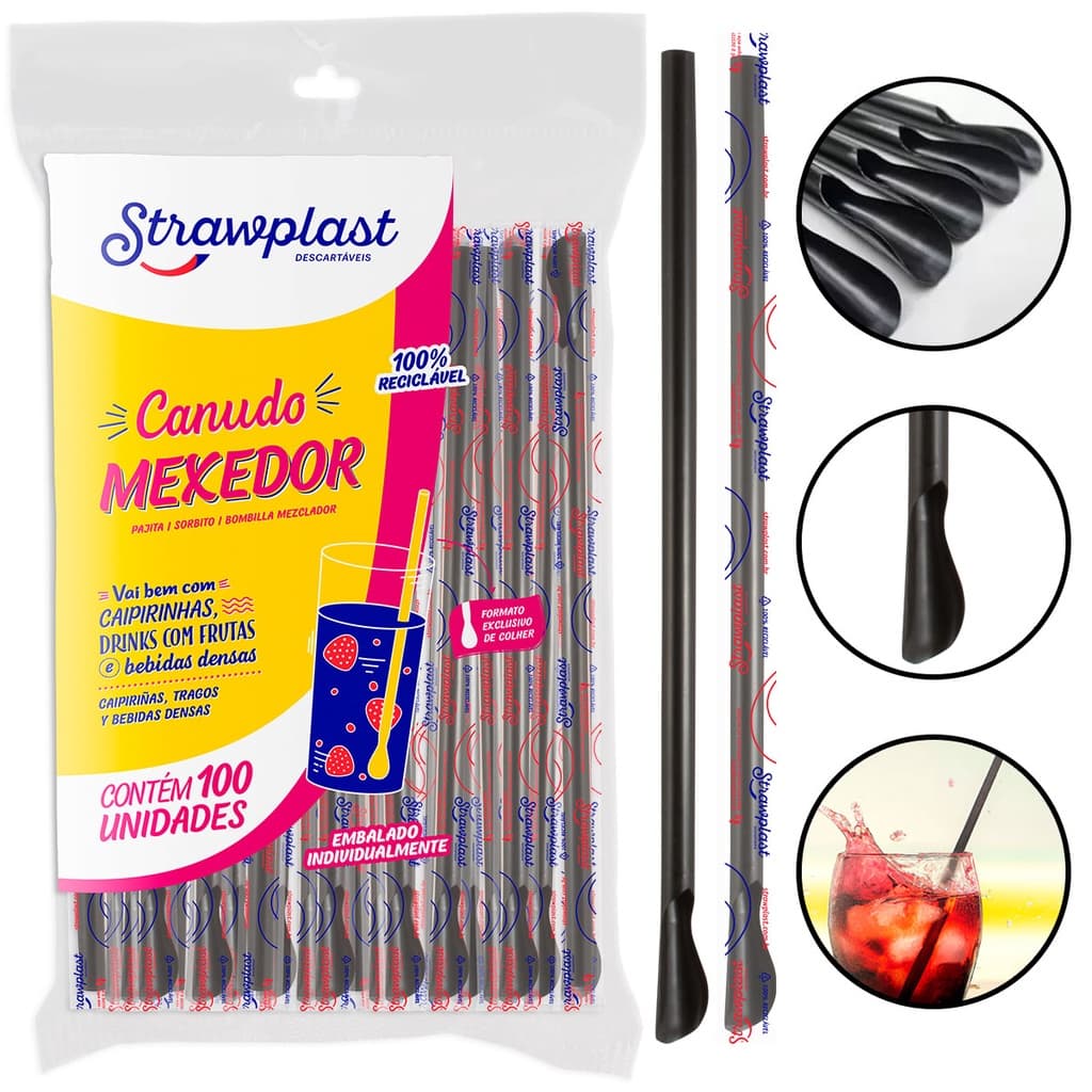 Canudo Colher Mexedor Diversas Cores Strawplast Para Drinks e Caipirinha Pacote Com 100 Unidades