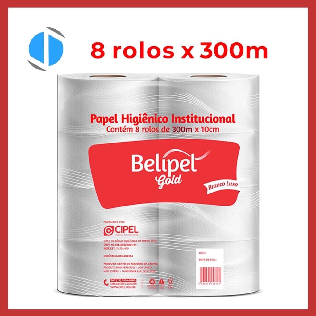 Papel Higiênico institucional 8 rolos 300 metros Luxo 100% GOLD