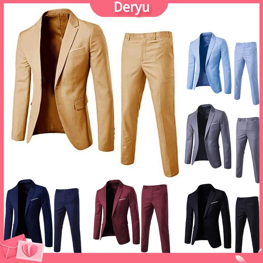 [deryu] 1 Conjunto Homens Calças Blazer Pants Cor Sólida Manga Longa Slim Fit Colarinho De Gola Temperamento Um Botão Bolsos De Fatos Roupas