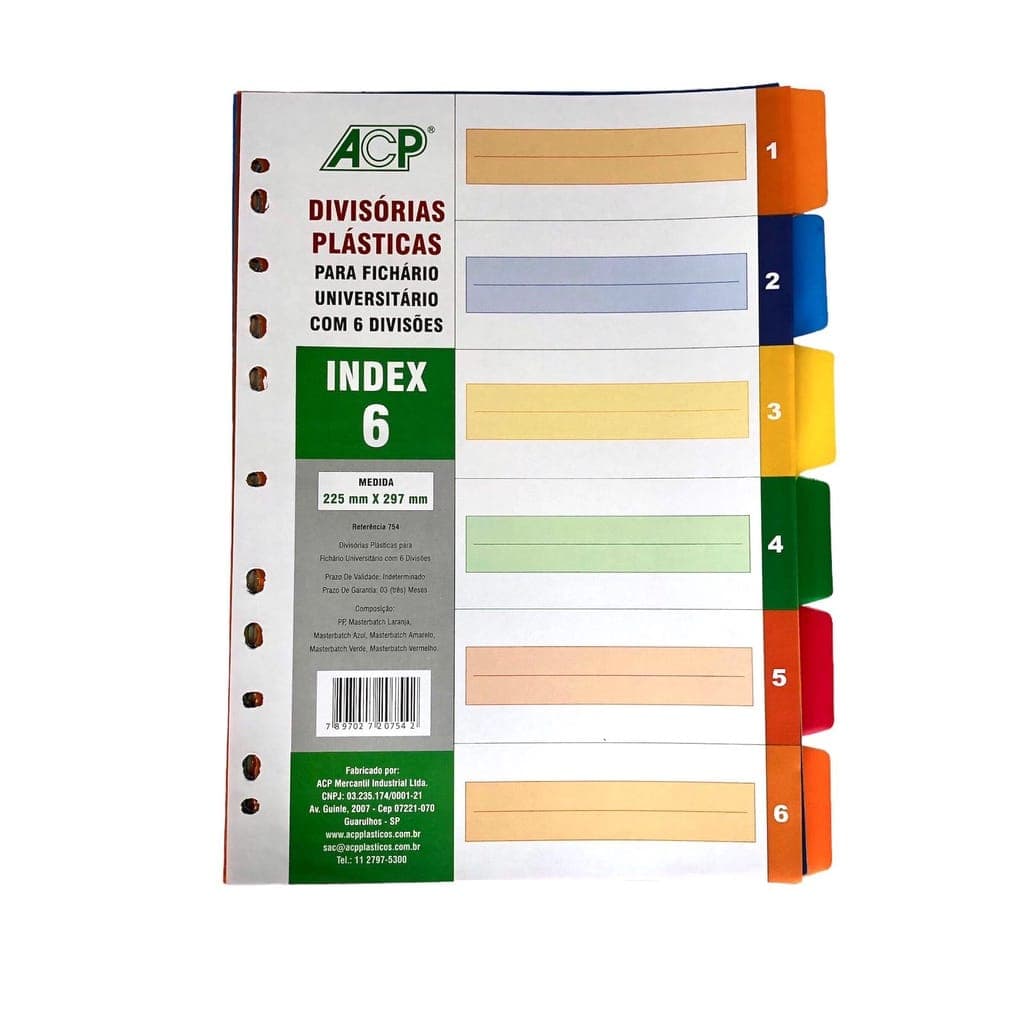 Divisória para fichário colorida plástica A4 com 6 ACP