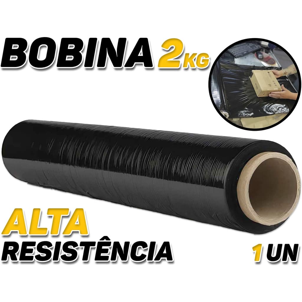 Rolo Bobina Filme Stretch Preto Tubete 50cm x 25 micras 100m Filme Para Pallets Embalagens Correios