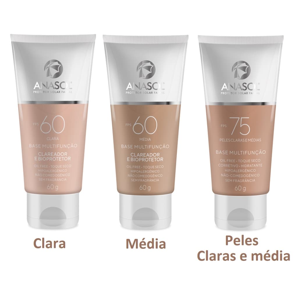 Protetor Solar Facial Anasol Com Cor Média ou Clara  Base Multifunção Clareador FPS 60 ou 75 Vegano 60g