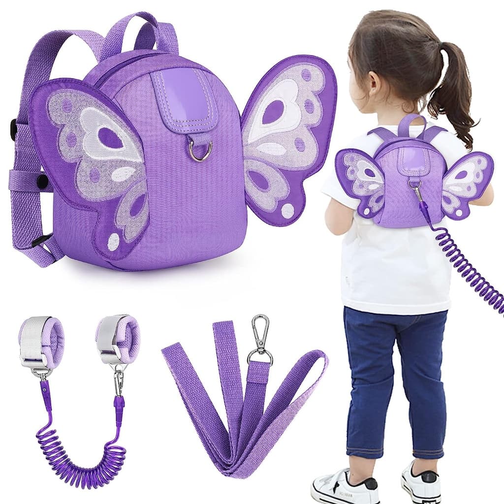 Metoo Coleira de mochila infantil Sling, mochila infantil borboleta fofa com corrente de pulso anti-perda, coleira de cinto de segurança mini mochila infantil para caminhada com alça de pulso para bolsa de viagem adequada para bebês meninas