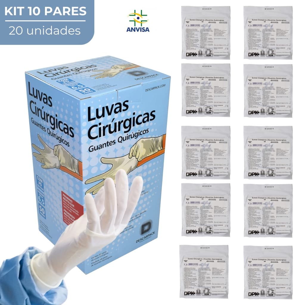 Luva Cirúrgica Estéril Latex Com Pó Descartável Descarpack Kit 10 pares 20 Unidades