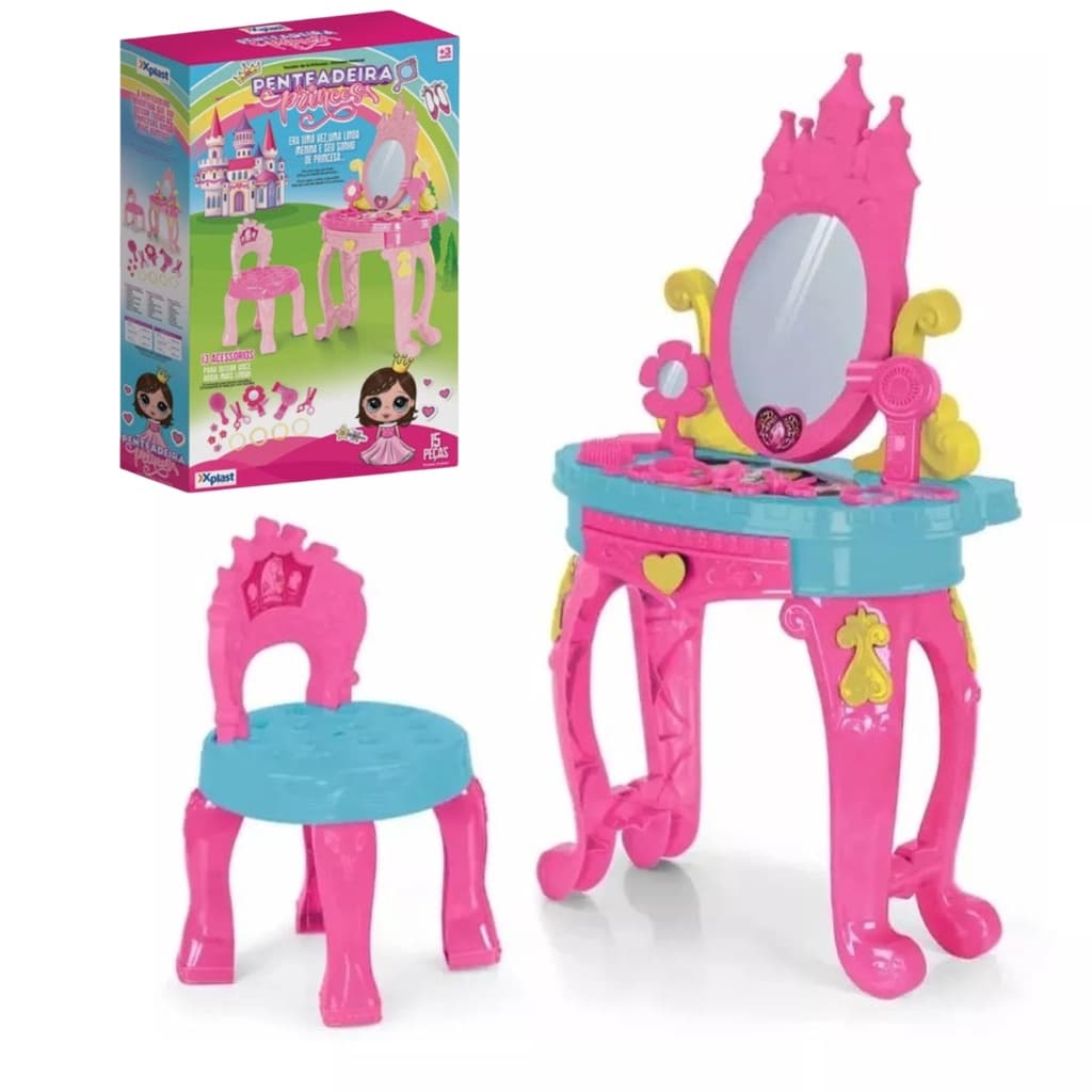 Penteadeira Princesa Brinquedo Infantil com Banquinho e Acessórios Xplast Homeplay 3117