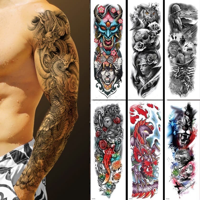 Adesivo Temporário De Tatuagem De Manga De Braço Grande Leão Coroa Rei Rosa À Prova D'água Temporária Lobo Tigre Homens Caveira Cheia