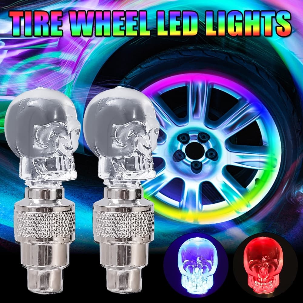 2Pcs Universal Colorful LED Fantasma Colorido Cabeça Tampa Do Bocal Pneu/De Condução Noturna Acessórios Para Motocicletas De Bicicleta Da Haste Válvula Aérea Roda Carro Em Forma De Crânio Luminoso