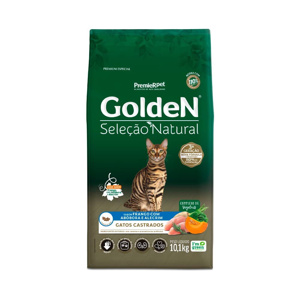 Ração Golden Seleção Natural Gatos Adultos Castrados Frango com Abóbora e Alecrim 10,1kg
