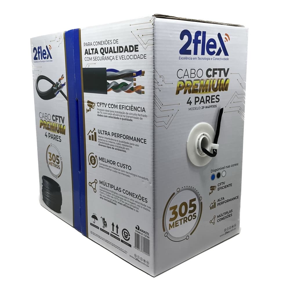 Cabo de rede Premium p/ CFTV 2flex 305m 4Pares PT 2f-n4pp305