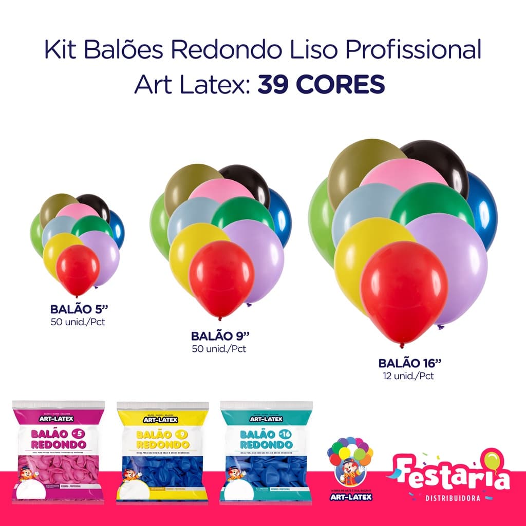 Kit 3 Pacotes Balões Bexigas Redondo Liso Profissional – 5" , 9" e 16" – Art Latex
