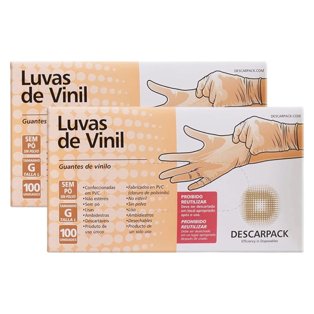 Kit 2 Caixas de Luvas de Vinil Descartável Sem Pó Descarpack 100un