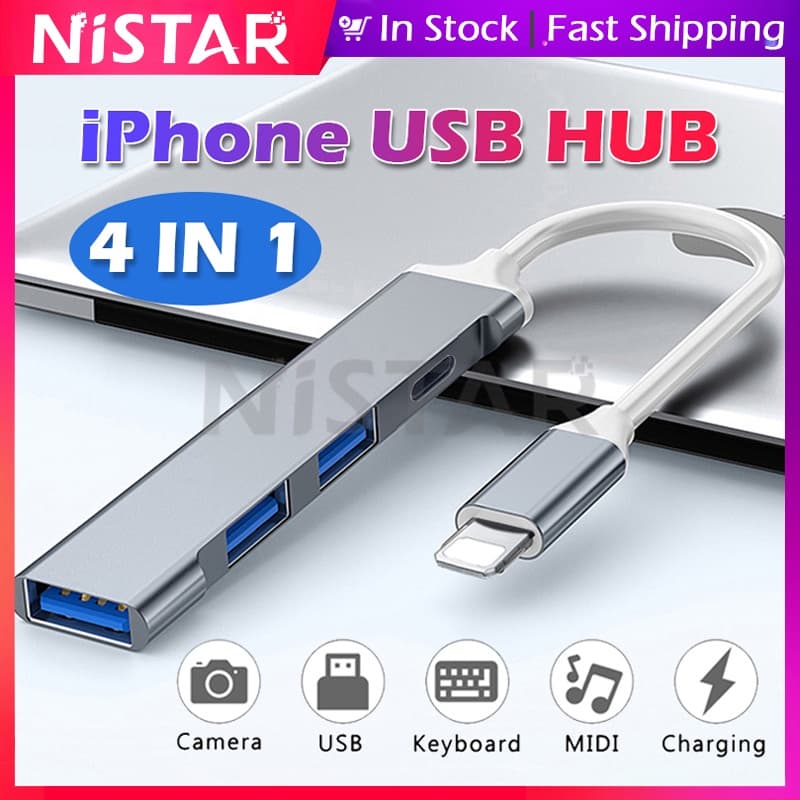 Estação De Acoplamento 4 Em 1 USB3.0 Para iPhone 14 13 pro max lightning Adaptador USB/Lighting OTG Hub Com De Alimentação iPad air 12 11 xs 8 7plus