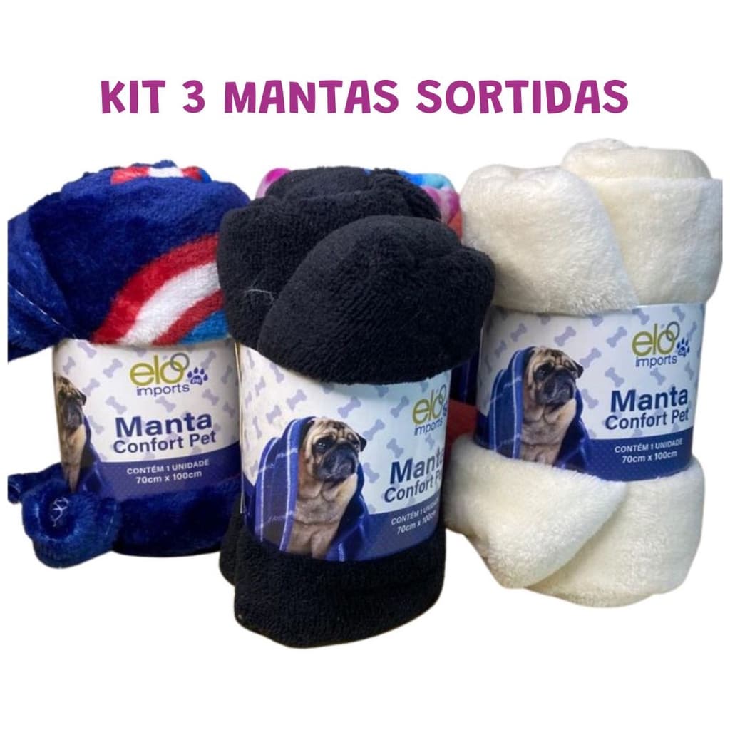 Kit 3 Manta Cobertor Pet Mantinha para Cachorro Gato 100x70cm Lavável Cores Sortidas