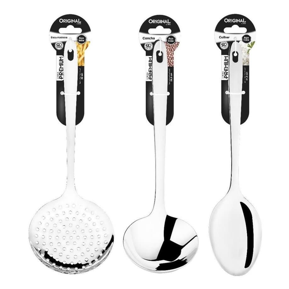 Kit Cozinha Colher De Arroz + Concha + Escumadeira Aco Inox Linha premium