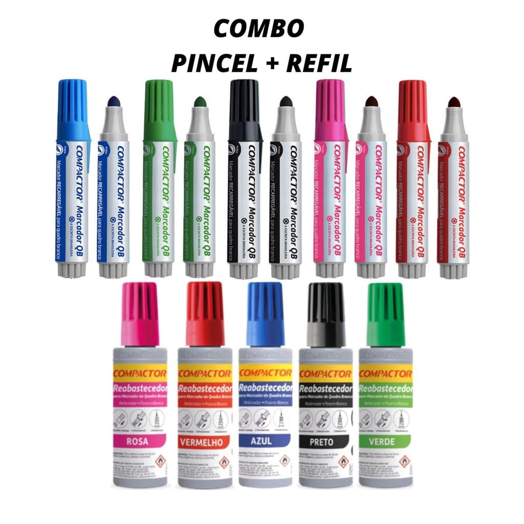 Kit Com 5 Marcadores de Quadro Branco + 5 Reabastecedor - COMPACTOR