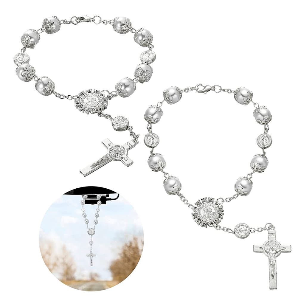 Espelho Retrovisor Automóvel Rosário Feminino Homens Contas Católicas Medalha De Carro E Acessórios De Pendurar Cruz Para Decoração De Interiores De Espelhos (Branco)