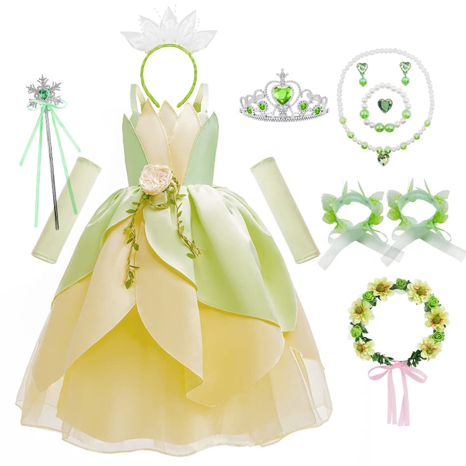 Princesa Tiana Vestido Meninas Rã Cosplay Festa De Halloween Elfos Fantasia Infantil Verde Oferta De Bola De Ombro